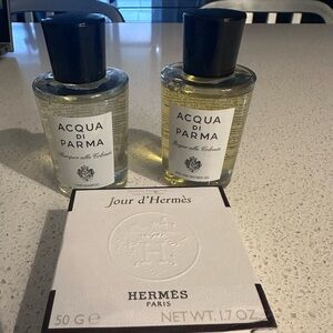 Acqua di Parma shampoo and hair gel - Hermes’ bar soap.